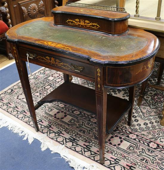 Small Edwardian rosewood and marquetry desk W.92cm.